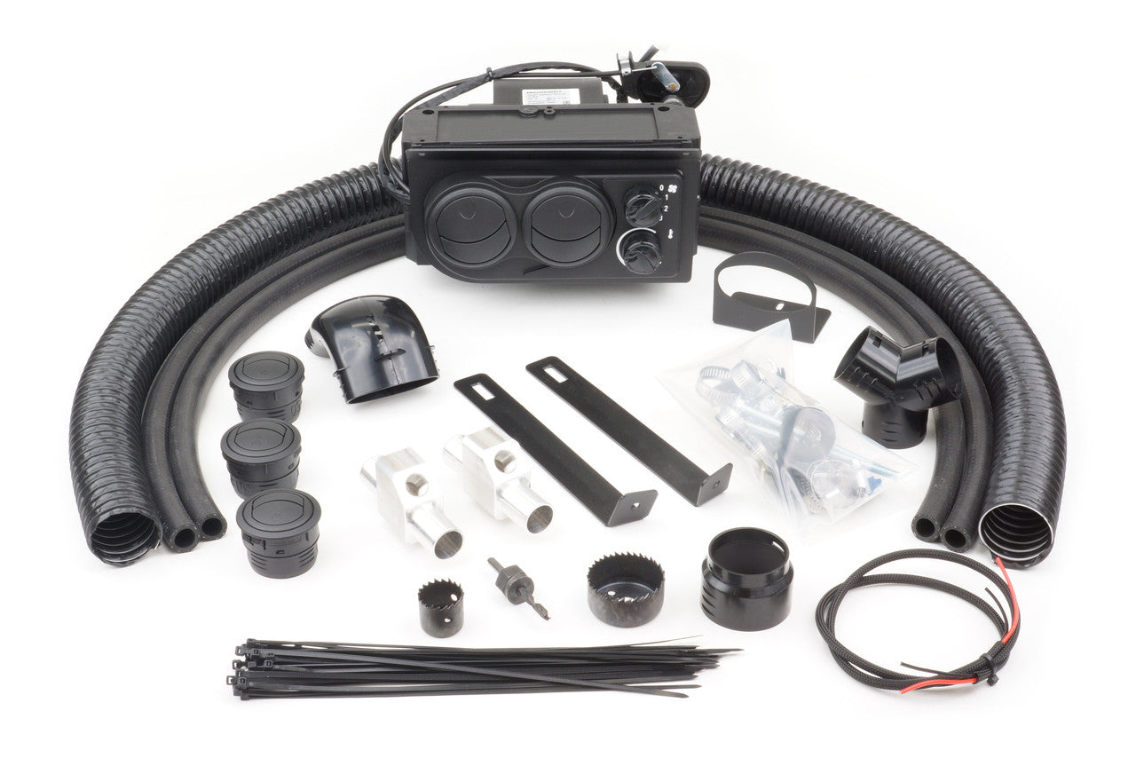 The CFMoto ZForce 500 (2014-2021) Ice Crusher Cab Heater kit includes black flexible hoses, a control panel, vents, brackets, connectors, mounting hardware, zip ties, wiring, and accessories—all displayed on a white background.
