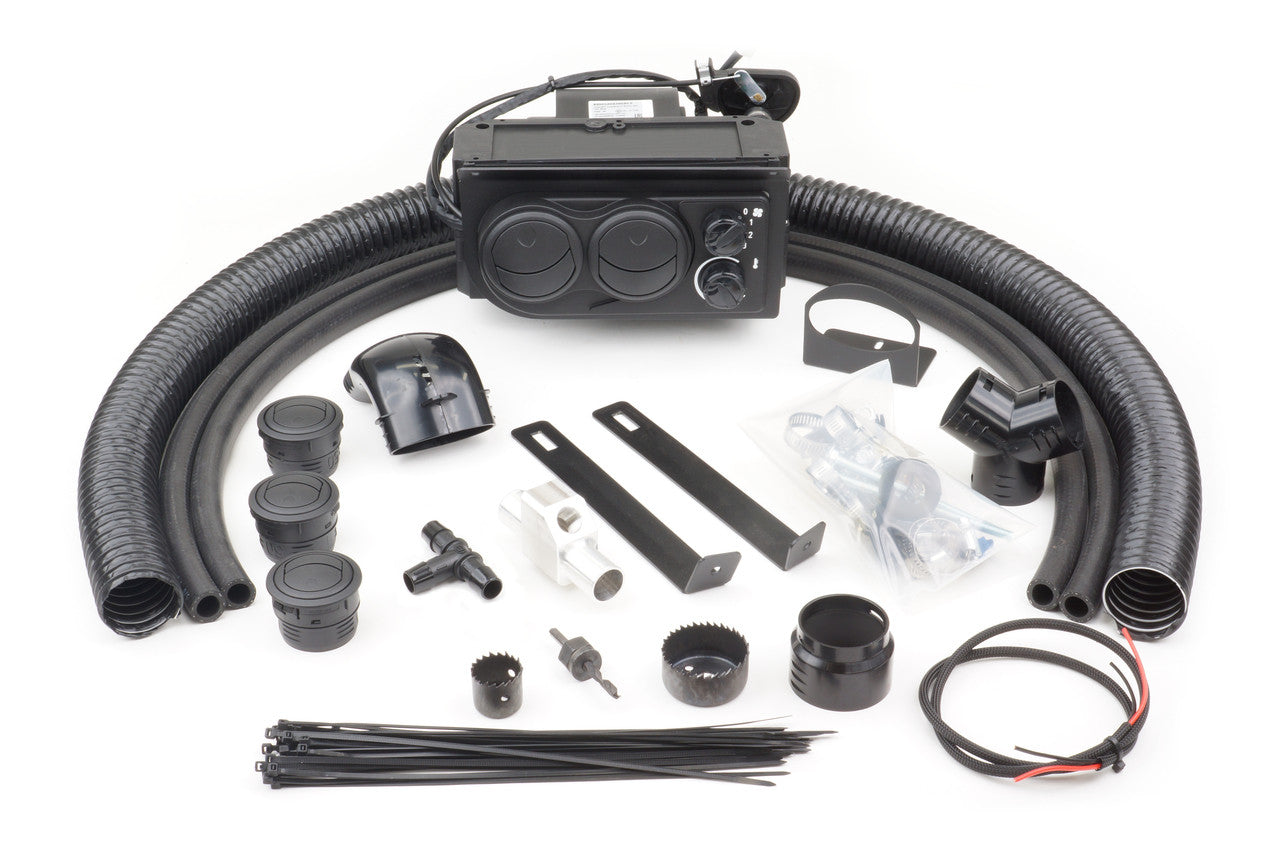 The CFMoto ZForce 800/1000 (2014-2022) Ice Crusher Cab Heater kit includes flexible black hoses, a black control unit with vents and dials, plastic fittings, connectors, brackets, zip ties, wiring, and hardware arranged on a white background.