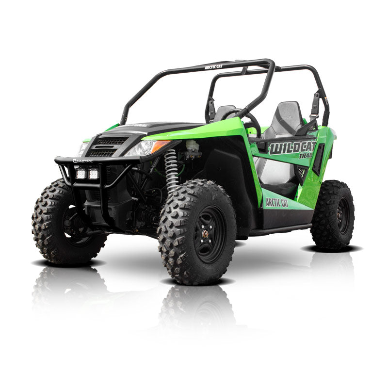 An Arctic Cat Wildcat Trail (2014-2019) equipped with an HMF Defender Front Heavy Duty Bumper, featuring rugged tires, roll cage, and open cabin, shown from the front left on a white background with a faint reflection.