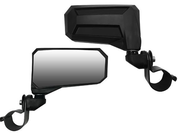 The Re-Flex Adjustable Side Mirrors W/1.75 Clamp (PAIR) feature black geometric frames, clamp mounts, reflective glass on one side, textured back on the other, and adjustable joints—ideal for off-road vehicles or ATVs.