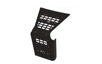 The Kfi UTV Modular Grill for Arctic Cat/Textron Utility Vehicles is a black metal plate with multiple rectangular cutouts, the letters KFI at the bottom, an angled design with a raised rear section, and mounting holes on its edges.