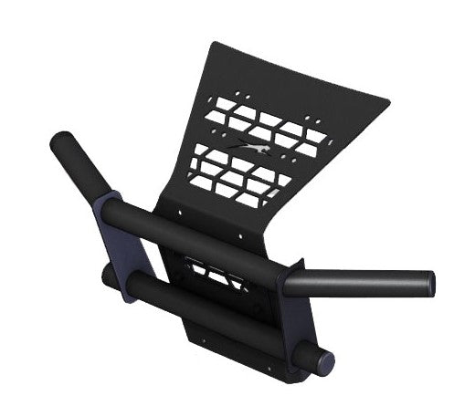 The Kfi UTV Front Bumper Kit for Arctic Cat/Textron Utility Vehicles features a black metal build with a perforated, angled backplate, two horizontal bars, and sturdy vertical rods—ideal for off-road or utility vehicle protection.