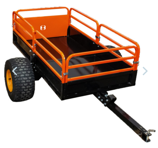 The Atv-Utv-Tractor Dump Trailer features a 1500 lb. payload capacity, large treaded tires, orange side railings, a black metal bed, long black hitch for towing, and an open-top design with three side panels for easy loading.