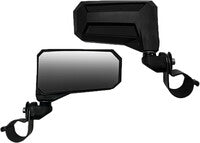 The Re-Flew Adjustable Side Mirrors w/ 2 Clamp (PAIR) features two black, angular mirrors with adjustable mounts and clamps for handlebars or frames—ideal for motorcycles or ATVs. One mirror displays reflective glass; the other shows the black housing.