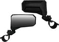 The Re-Flew Adjustable Side Mirrors w/ 2 Clamp (PAIR) features two black, angular mirrors with adjustable mounts and clamps for handlebars or frames—ideal for motorcycles or ATVs. One mirror displays reflective glass; the other shows the black housing.