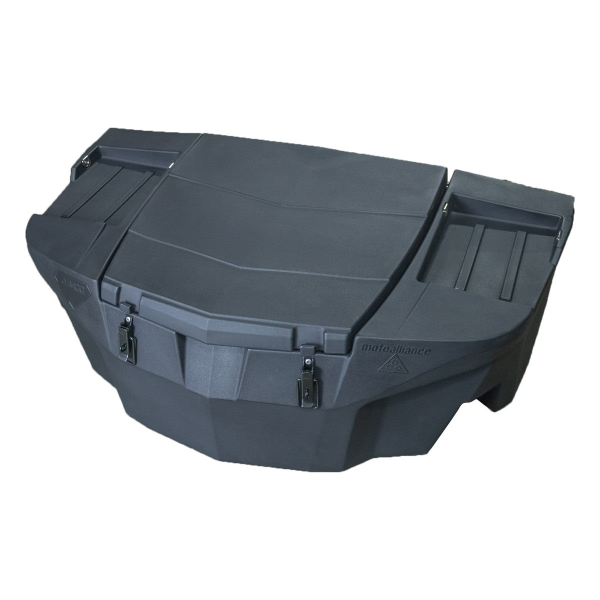 The JEMCO UTV Rear Cargo Box for CFMoto ZForce is a large, hard-shell black box with a textured finish, dual front latches, and side compartments—ideal for securely storing gear on your vehicle.