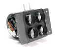 The Inferno Cab Heater Kit With Defrost for 2009-current Can-Am Commander features a black and silver assembly with four round adjustable vents in a rectangular metal frame, two top silver pipes, wiring, and a left-side fan.