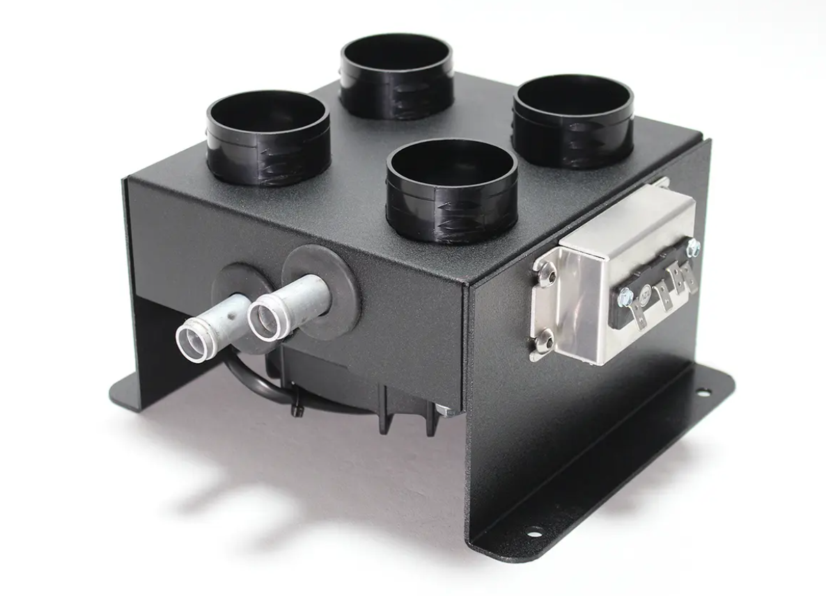 The Inferno Cab Heater Kit With Defrost for Arctic Cat Wildcat Trail or Sport (2013-2019) is a black rectangular metal box with four top vents, two pipe connectors on the left, a right-side control panel, and mounting flanges at the base.